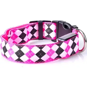 Obojek pro psa TopTechnology Obojek pro psy s LED osvětlením v kostičkovaném vzoru - Rechargeable, velikost: XL (Růžový)