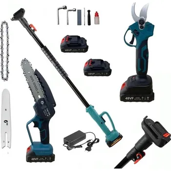 Nůžky na větve Aku sada 3v1 nůžky a pilka + teleskopická tyč 166 cm + 2x baterie + příslušenství