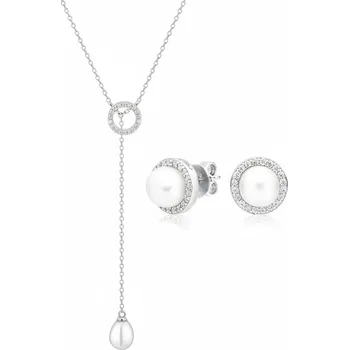 Souprava šperků ANNA PERLY Trendy stříbrný set šperků s pravými bílými perlami a třpytivými zirkony