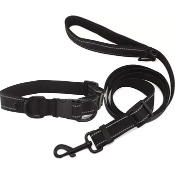 Obojek pro psa TopTechnology Reflexní obojek pro psy, voděodolná tkanina, černá s přezkou a 1,8m vodítkem, velikost: L