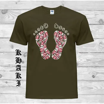 Pánské tričko levne-bavlnene-vtipne-tricko-potisk-stopy tenisky Barva: Khaki, velikost: XS