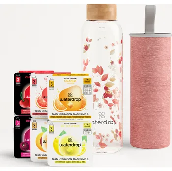 Instantní nápoj Waterdrop waterdrop® - Ochutnávkový set, skleněná lahev na pití, nápoj bez cukru, 600 ml / FLAIR transparentní