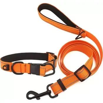 Obojek pro psa TopTechnology Reflexní obojek pro psy s voděodolnou látkou a černou sponou, velikost S (oranžový) a vodítkem 1.8m