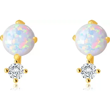 Náušnice Diamantové náušnice ze 14K žlutého zlata - syntetický opál, třpytivý briliant