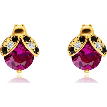 Náušnice Náušnice ze žlutého 585 zlata - motiv berušky, kulatý rubín, čiré a černé zirkony