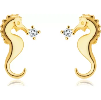 Náušnice Diamantové náušnice ze 14K žlutého zlata - mořský koník, třpytivý kulatý briliant