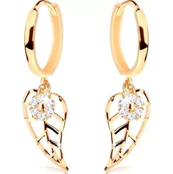 Náušnice Zlaté kruhové 14K náušnice - vyřezávaný list a kruh vykládaný diamanty