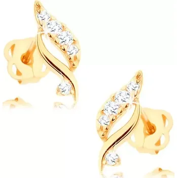 Náušnice Náušnice ze žlutého 14K zlata - třpytivý lístek s čirými brilianty
