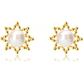Náušnice Zlaté 14K náušnice - obrys osmicípé hvězdičky, kulatá sladkovodní perla, puzetky