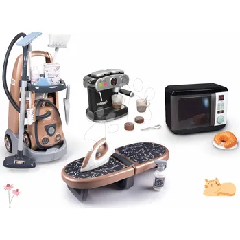 Dětská kuchyňka Set úklidový vozík a elektronický vysavač s mikrovlnkou Rowenta Trolley Vacuum Cleaner Smoby se zvukem a žehlicí prkno