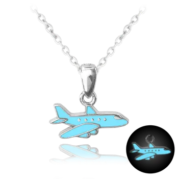 Náhrdelník MINET Svítící modrý dětský stříbrný náhrdelník LETADLO JMAD0032AN38