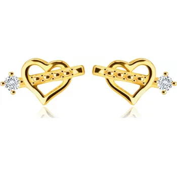 Náušnice Diamantové náušnice ze 14K žlutého zlata - srdíčko se šípem, briliant v kotlíku
