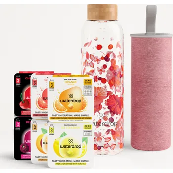Instantní nápoj Waterdrop waterdrop® - Ochutnávkový set, skleněná lahev na pití, nápoj bez cukru, 600 ml / RELAX transparentní