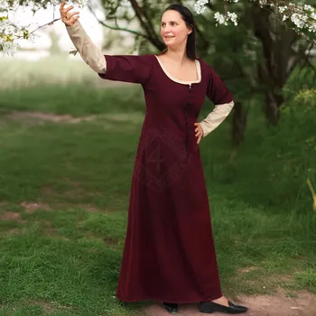 Mythrojan Vlněné středověké šaty "Kirtle" s předním šněrováním – Vínové