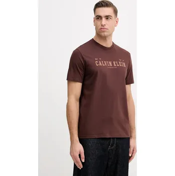 Pánské tričko Bavlněné tričko Calvin Klein Jeans pánské, hnědá barva, s potiskem, LV14RE817G 89X, vel. S
