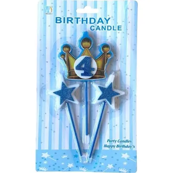 Dortová svíčka Dortisimo Svíčky koruna zlato-modrá s číslem 4 a hvězdičky modré