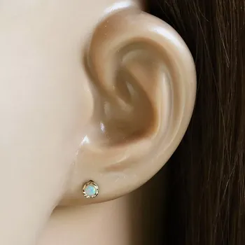 Náušnice Zlaté 585 náušnice - bílý syntetický opál s duhovými odlesky, kulatá vroubkovaná objímka