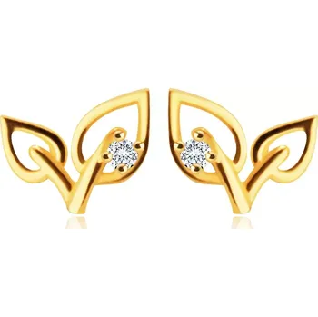 Náušnice Diamantové náušnice ve 14K žlutém zlatě - dva lístečky s čirým kulatým briliantem