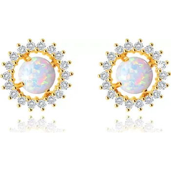 Náušnice Puzetové náušnice ze žlutého 14K zlata, kvítek, bílý syntetický opál, čiré zirkony