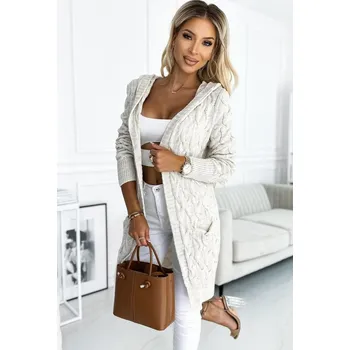 Dámský svetr 491-1 Kardigan - narzutka z kapturem i kieszonkami - WARKOCZ BEŻOWY UNI