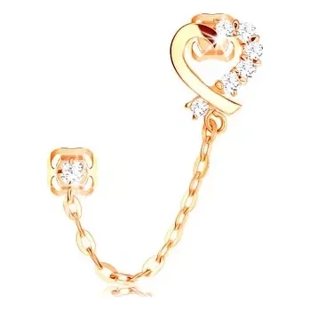 Náušnice Diamantová náušnice ze žlutého 14K zlata, kontura srdce, čiré brilianty a řetízek
