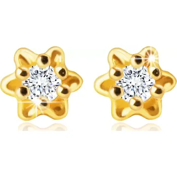 Náušnice Diamantové náušnice ze 14K zlata - drobný květ s čirým briliantem, puzetky