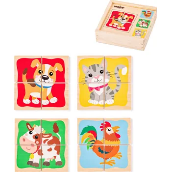 Dřevěná hračka WOODY DŘEVO Baby minipuzzle Domácí zvířátka 4x4 dílky v krabičce 4v1 | 528203