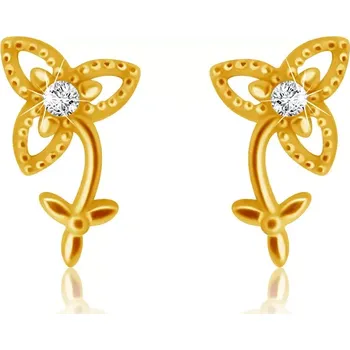 Náušnice Diamantové náušnice ze 14K žlutého zlata - květ se stopkou a listy, čirý briliant