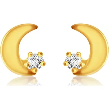 Náušnice Puzetové náušnice ve žlutém 14K zlatě - plochý měsíček, kulatý zirkon čiré barvy