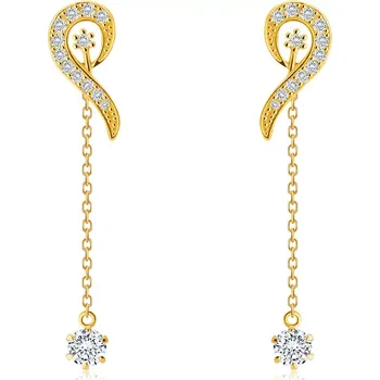 Náušnice Zlaté 14K náušnice - linie smyčky vykládaná zirkony, krátký řetízek se zirkonem v kotlíku