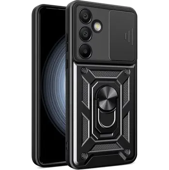 Pouzdro na mobilní telefon Odolné pouzdro na mobil Samsung Galaxy A36 Hybrid Armor Camshield černé (Kryt, obal a odolné pouzdro Hybrid Armor Camshield na mobil Samsung Galaxy A36 s posuvnou krytkou fotoaparátu a stojánkem – černé)