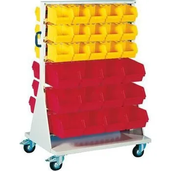 Dílenský regál Mobilní oboustranný regál s boxy Unibox (54 ks)