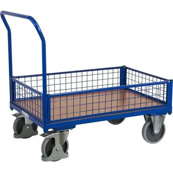 Stavebniny Plošinový vozík s madlem a nízkými mřížovými bočnicemi, do 500 kg, 101,5 x 132,5 x 80 cm, modrý