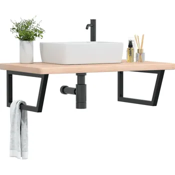 Koupelnový nábytek Deska pod umyvadlo nástěnná ocel a masivní dubové dřevo Hnědá3302475