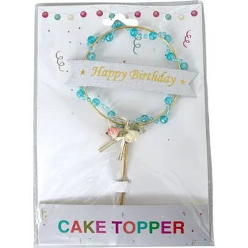 Jedlá dekorace na dort Dortisimo Zápich do dortu zlatý Happy Birthday s modrými korálky