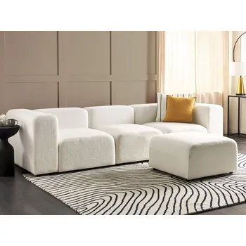 Pohovka Třímístná modulární pohovka s osmanským stolkem bilý buklé rozkládací gauč s černými nohami moderní obývací pokoj Beliani