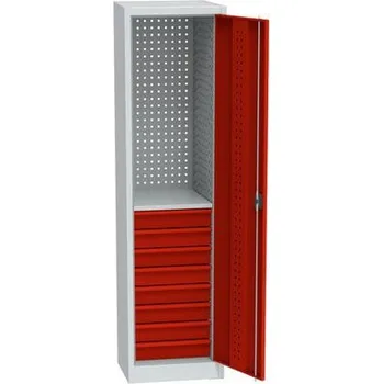 Kovová dílenská skříň na nářadí, 8 zásuvek, 195 x 50,5 x 50 cm, světle šedá/červená