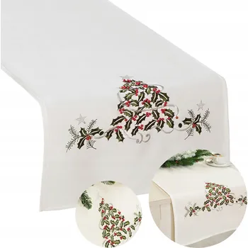 ubrus Vánoční běhoun na stůl 40x160 Zelený půvab s bílou výšivkou