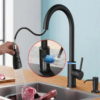 Vodovodní baterie KUCHYŇSKÁ BATERIE S DOTYKOVÝM SENZOREM VYSOUVACÍ ČERNÁ