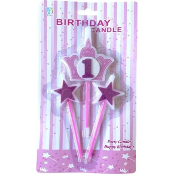 Dortová svíčka Dortisimo Svíčky koruna růžová s číslem 1 a hvězdičky růžové