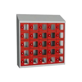 Svařovaná skříň na osobní věci Olaf s průhlednými dvířky, 25 boxů, cylindrický zámek, šedá/červená