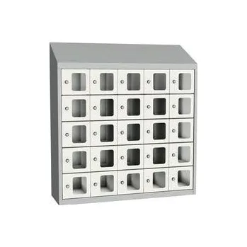 Svařovaná skříň na osobní věci Olaf s průhlednými dvířky, 25 boxů, cylindrický zámek, šedá/bílá