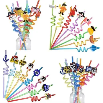 Jednorázové nádobí Dortisimo Plastová barevná brčka spirálová s pirátskými motivy (4 ks)