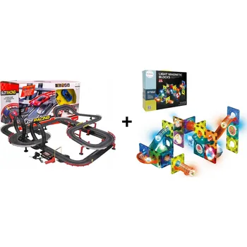 autodráha Mamido Výhodná sada Autodráha Gigant 1420cm + Magnetická svítící stavebnice kuličková dráha 49 dílů
