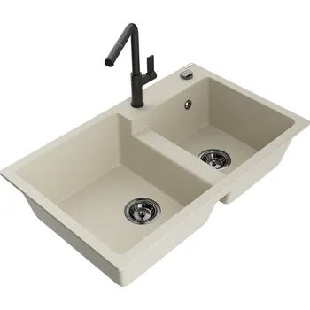 Granitový dřez MEXEN/S - Tomas granitový dřez 2-bowl včetně baterie Flora, béžová 6516-69-670401-70-B
