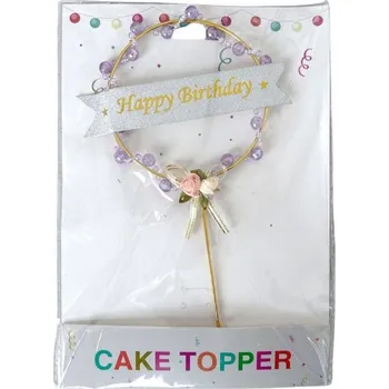 Jedlá dekorace na dort Dortisimo Zápich do dortu zlatý Happy Birthday s fialovými korálky