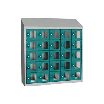 Svařovaná skříň na osobní věci Olaf s průhlednými dvířky, 25 boxů, cylindrický zámek, šedá/tyrkysová
