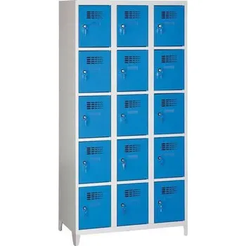 Nábytek Svařovaná šatní skříň Eric odlehčená, 15 boxů, na nožkách, cylindrický zámek, šedá/sv.modrá