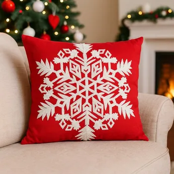 Povlak na polštář s vyšívaným vzorem 45x45 bílá vločka na červené
