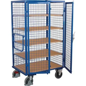 Vysoký uzavíratelný skříňový vozík s madlem a mřížovými stěnami, do 500 kg, 5 polic, 181 x 111,5 x 81 cm, modrý